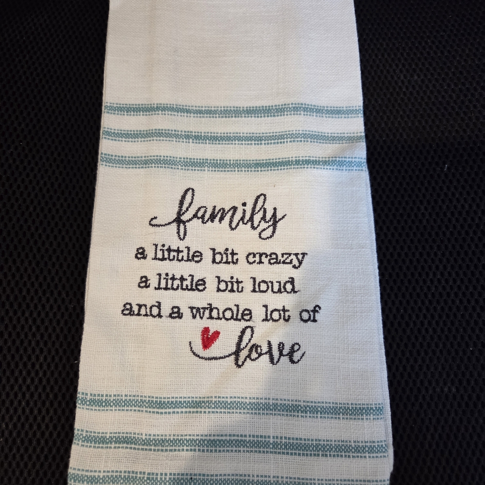 Family Love Kitchen Towel - White and Blue EUC